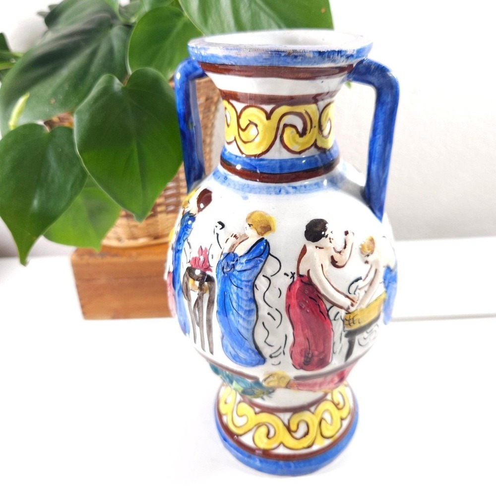 Italian Majolica Amphora Vase Hand Painted Classical Figures Made in Italy 8.25"